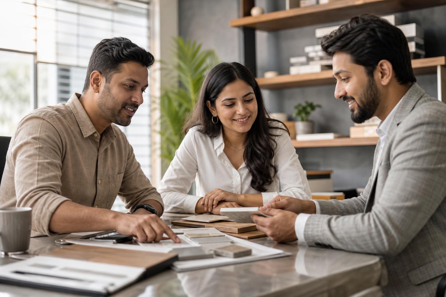 Designer reviewing proposal status and dated follow-up tasks in an enquiry register